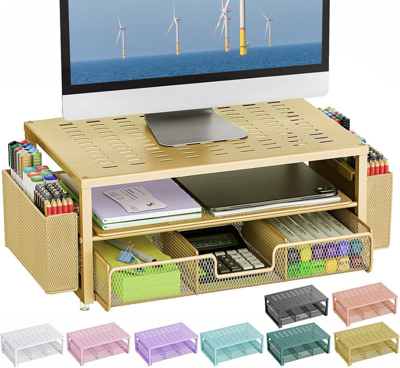 gianotter Desk Organizers and Accessories, Monitor Stand with Drawer and 2 Pen Holder, Desktop Organizer Suitable for Offices and Dormitories (Gold) - Image 1
